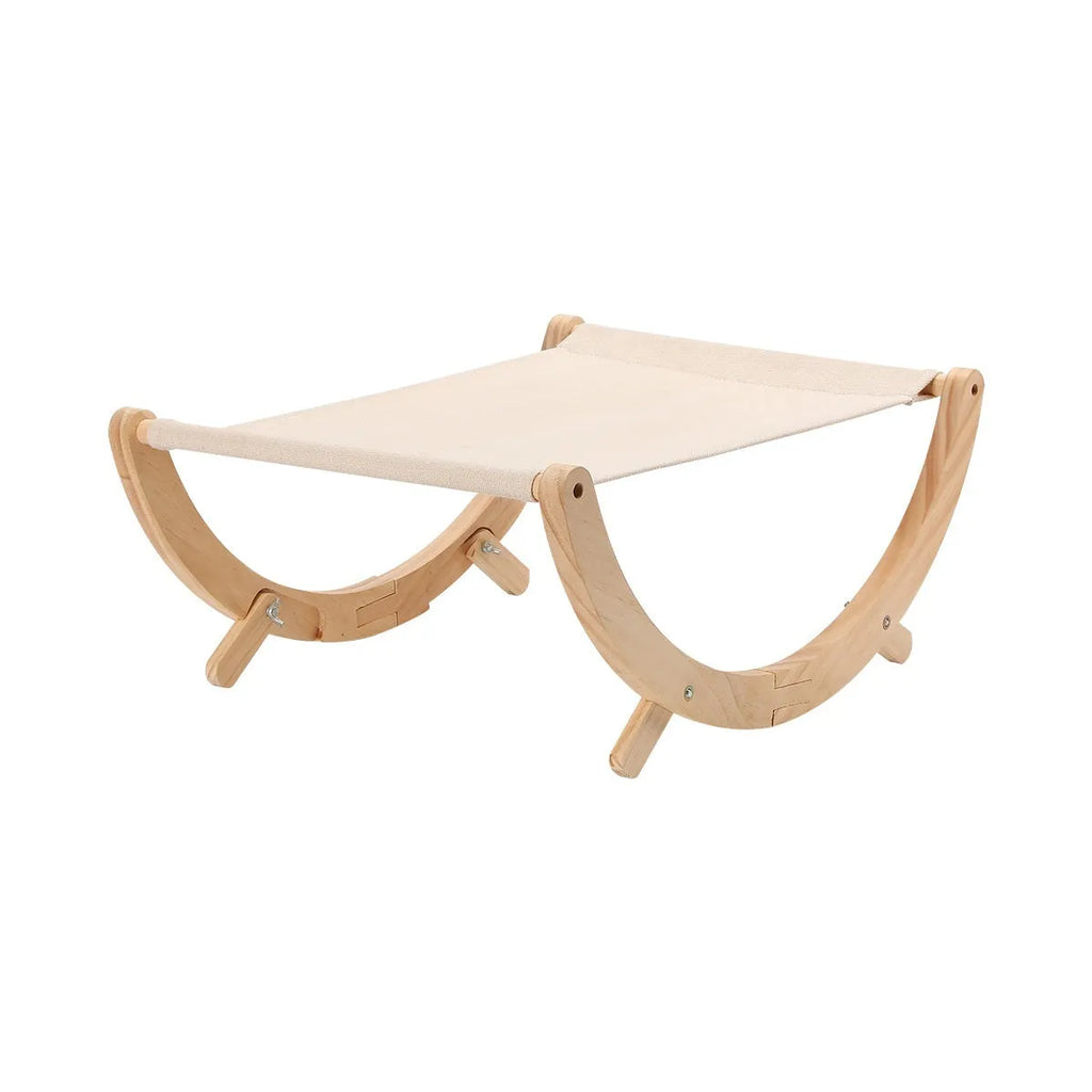 Solid wood foldable cat hammock bed with neutral brown frame and fabric matting