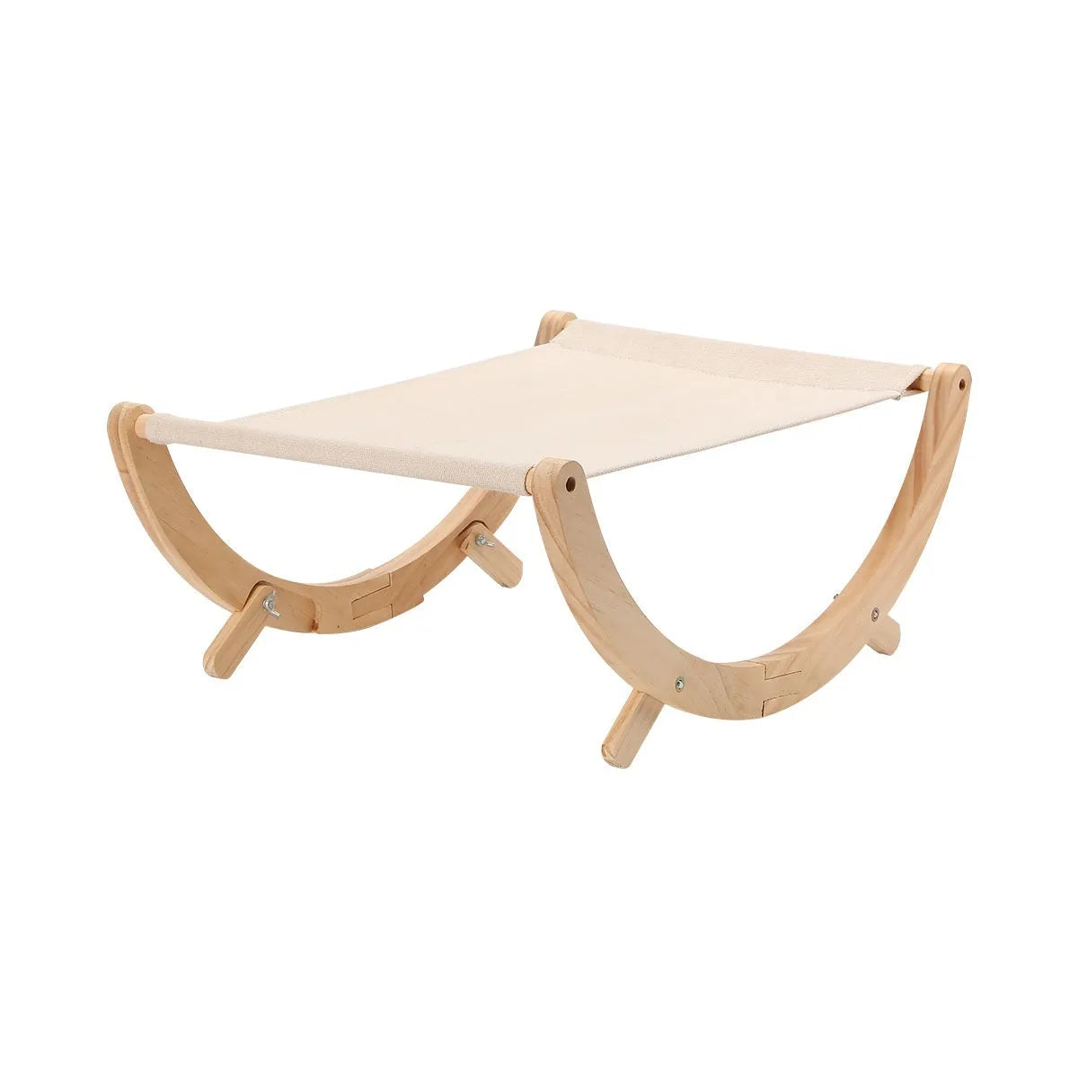 Solid wood foldable cat hammock bed with neutral brown frame and fabric matting