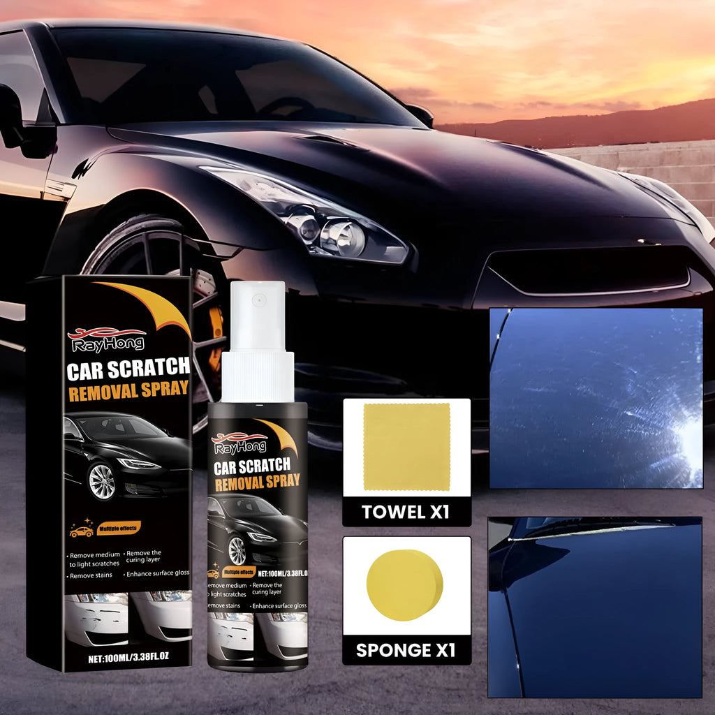 Car scratch repair kit with 100ml agent, sponge, and towel on a grey background