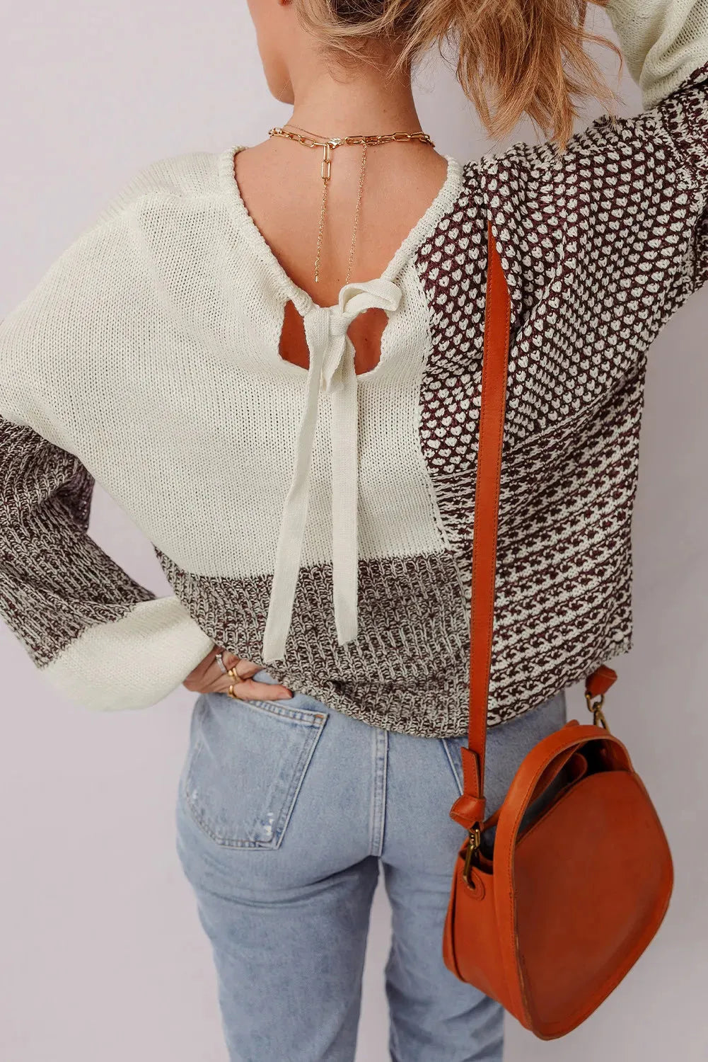 Dark khaki colour block loose sweater with drop shoulders and a back tie detail.