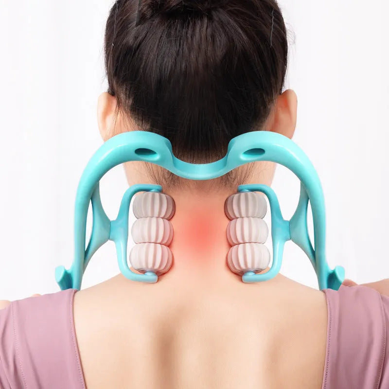 Blue plastic handheld massager with six rotating wheels for neck, shoulder, and back.