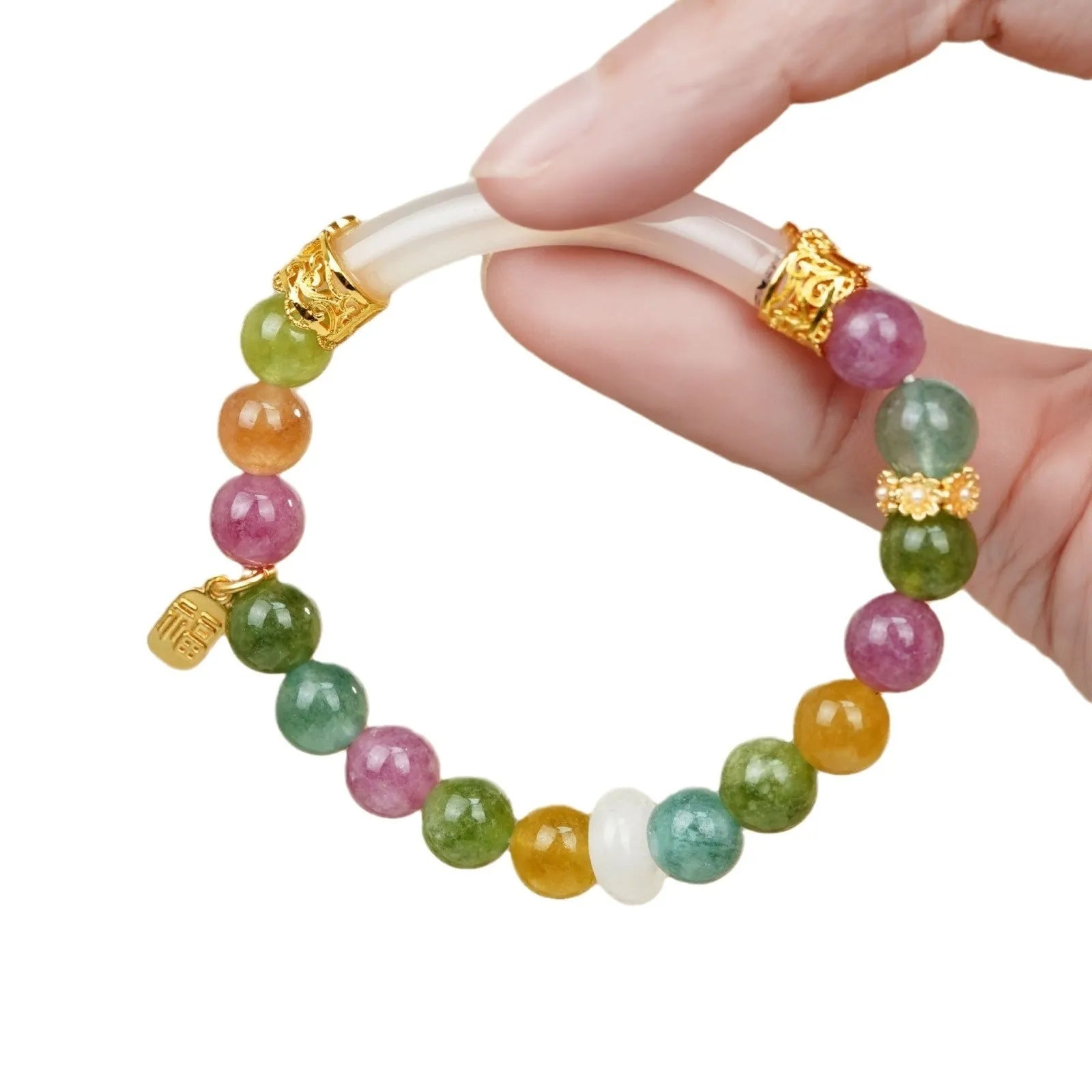 Rainbow coloured tourmaline half bracelet for women with an electroplated finish.