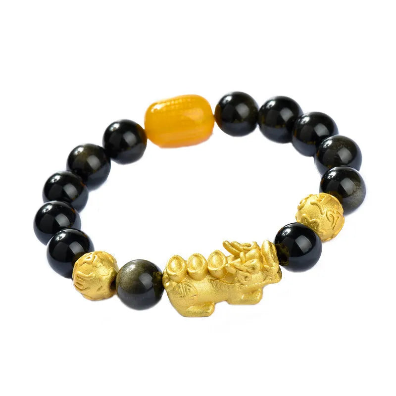 Natural obsidian temperature-sensitive colour change bracelet with gold accents and Pi Xiu motif