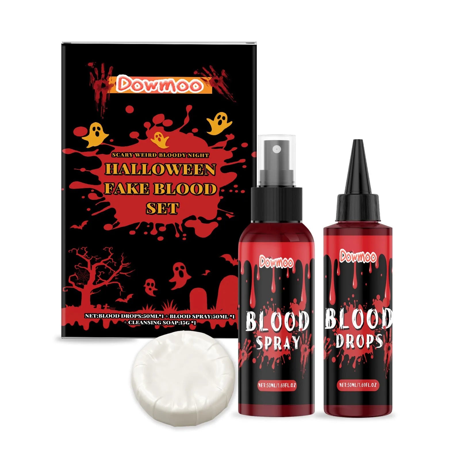 3-piece horror special effects makeup set with fake blood drops, spray, and cleansing soap.