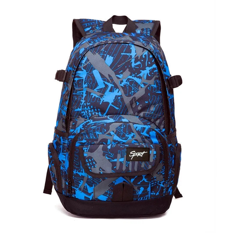 Classic blue nylon backpack with large main compartment shown on a plain background.