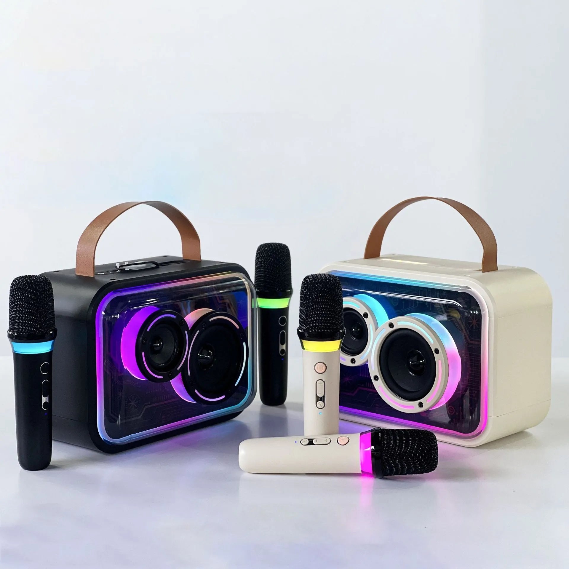 Light yellow portable Bluetooth karaoke speaker with RGB lighting and microphone