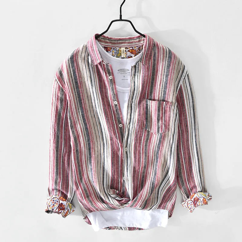 Men's striped linen casual shirt in red or grey with long sleeves and loose fit
