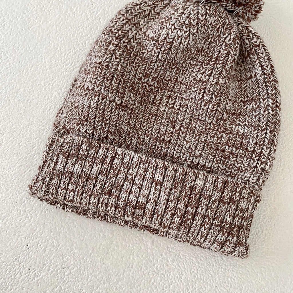 Dark brown cotton knitted three-piece set for infant girl with fur ball hat