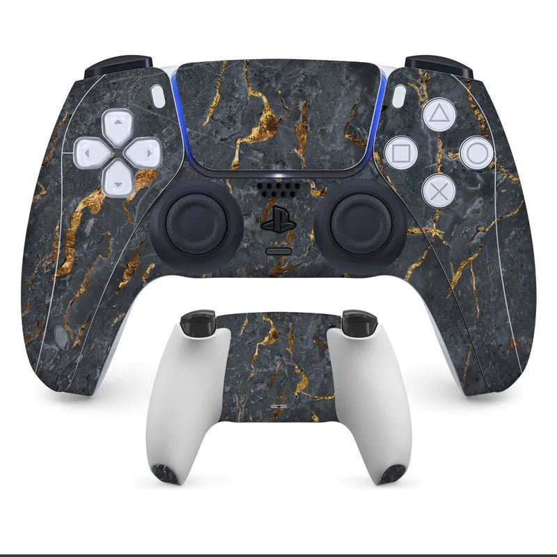 PS5 controller with front and back anti-scratch protector stickers applied, showing micro-frosted texture.