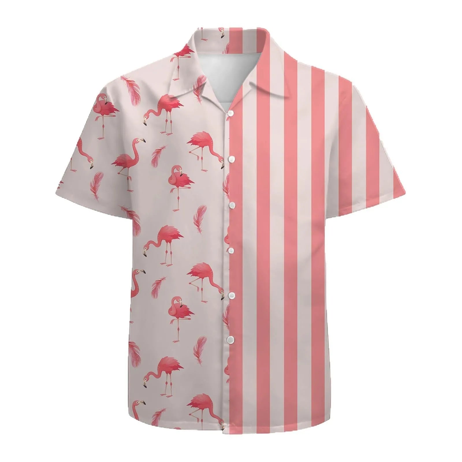Men's striped short sleeve shirt with stand collar in loose fit casual style