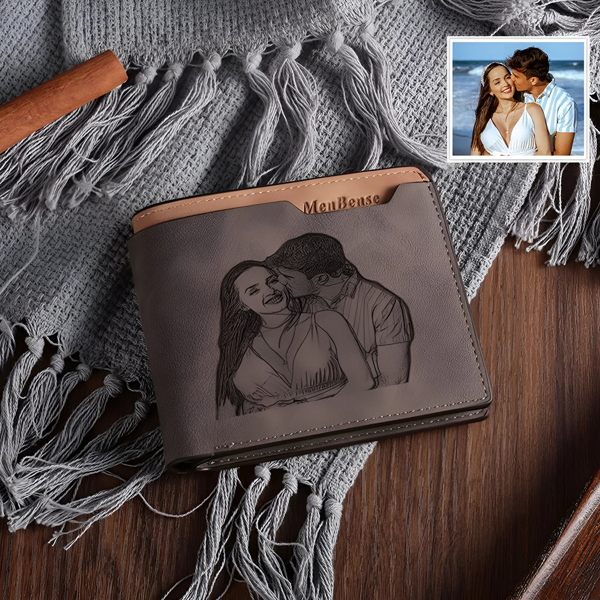 Coffee coloured horizontal PU leather men's wallet with a space for personalised photo engraving.