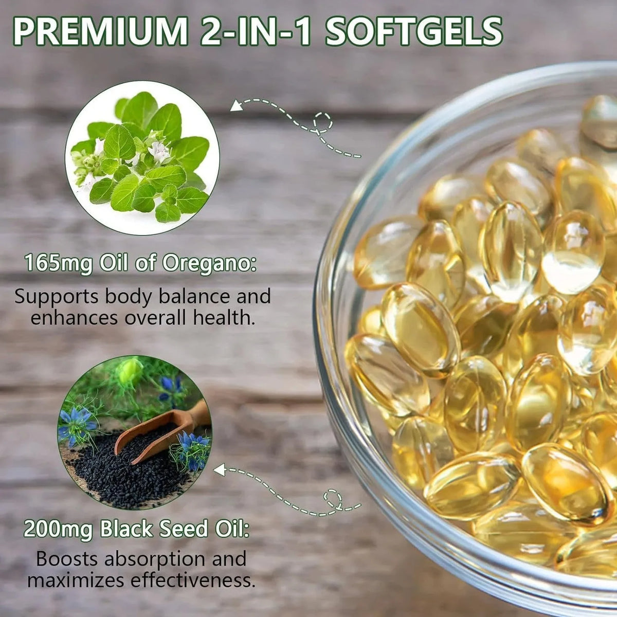 Black seed oil olive oil capsules in softgel form, available in 60 or 180 piece packs