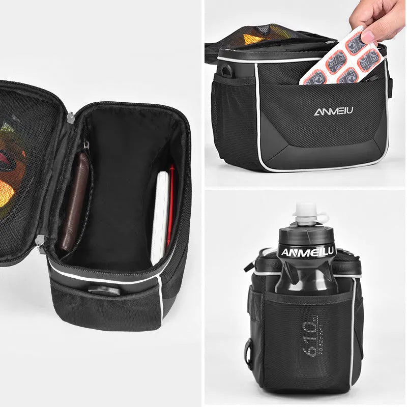 Black polyester bicycle handlebar bag with quick-release straps mounted on bicycle