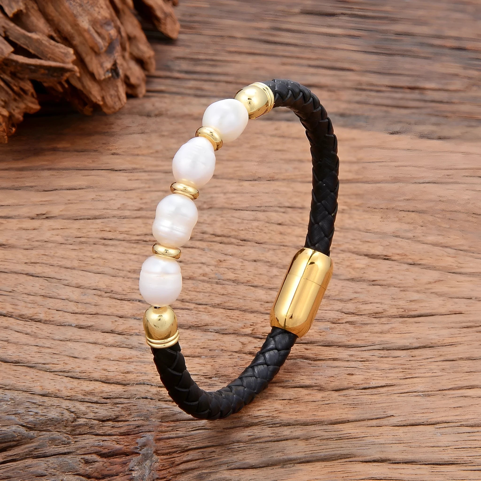 Unisex leather bracelet with irregular shaped pearls in Korean style design