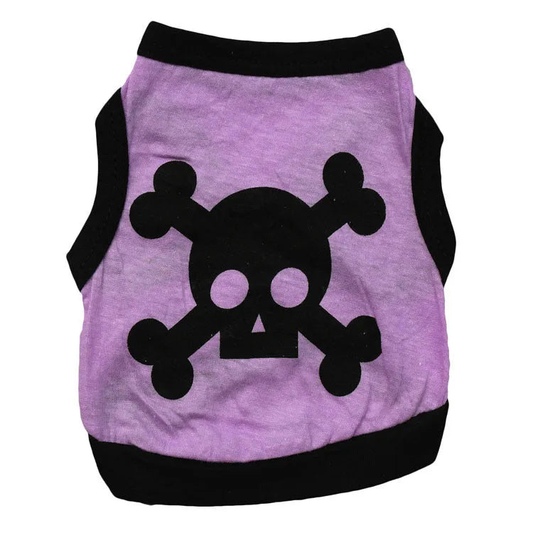 Blue Halloween dog vest with skull bones pattern on a small dog, showing stretch cotton tank top design