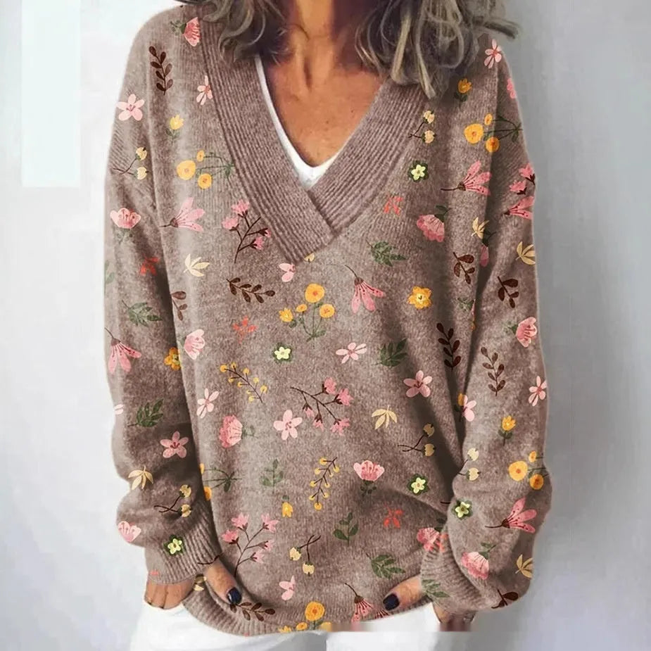 Women's retro V-neck sweatshirt with a detailed 3D floral pattern print in a choice of colours.