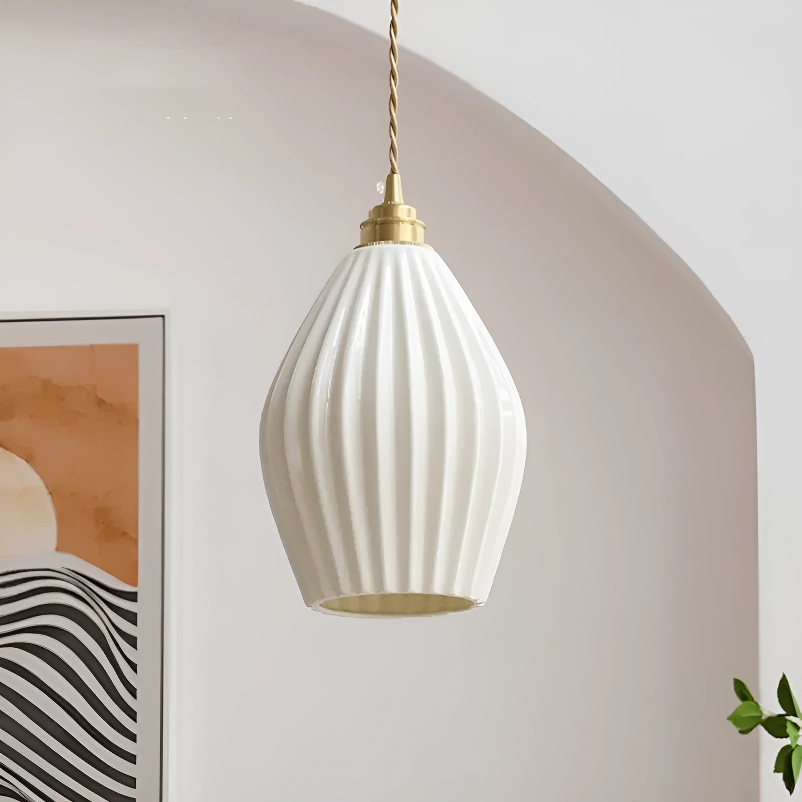 Copper chandelier with ceramic lampshade on ceiling, pure white small shade option