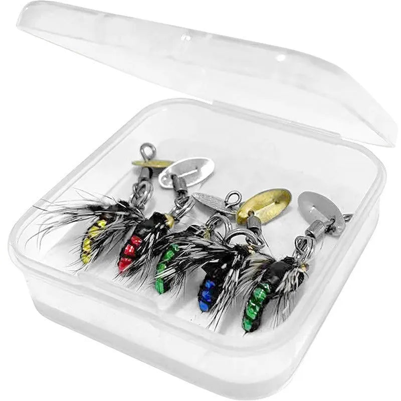 Five bionic poisonous mosquito fishing hooks with spinning sequins in multicolour designs