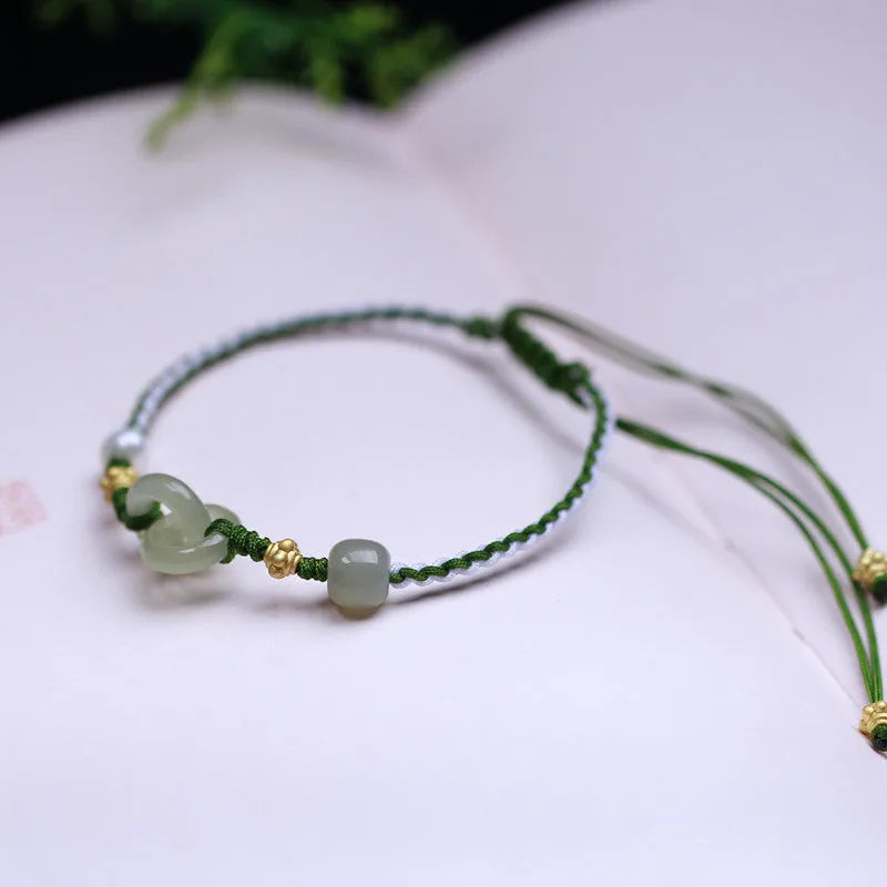 DIY woven bracelet kit showing Hetian jade beads, flexible wire, and silver or gold plated clasps for jewellery making