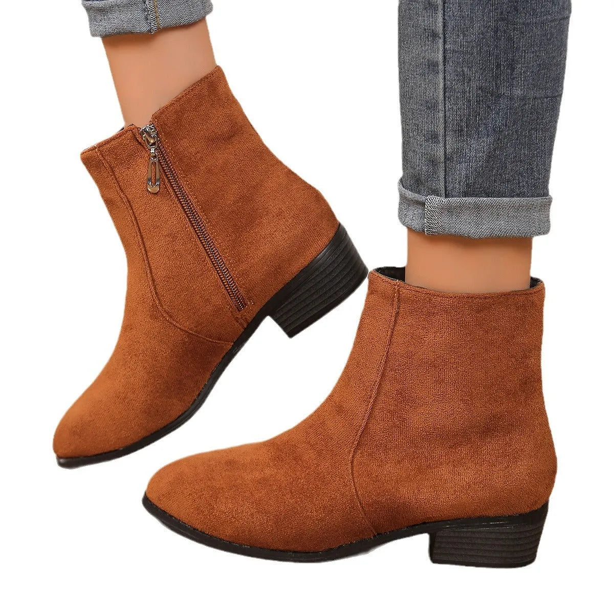 Suede Dr Martens short women's boots with chunky heel, side zipper, pointed toe, in black brown dark green