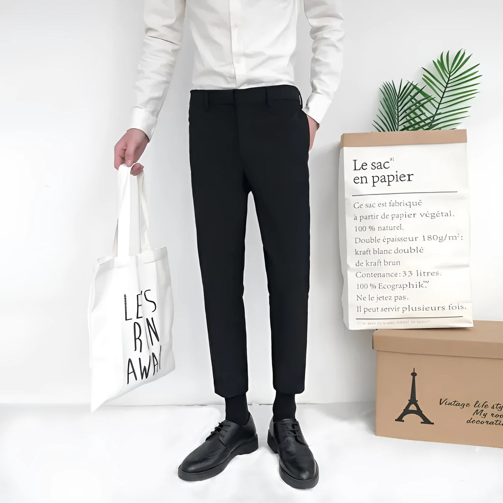 Men's Korean style straight-leg cotton trousers with drawstring waist in black grey khaki colours
