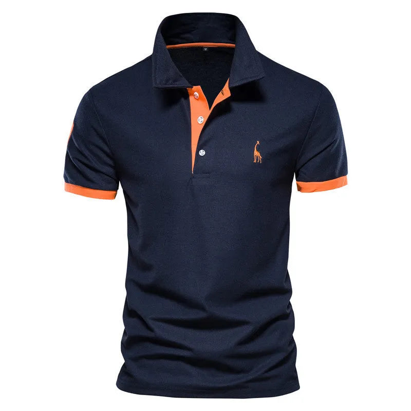 Men's slim fit deer embroidered short sleeve T-shirt on a hanger, shown in a grey colour.