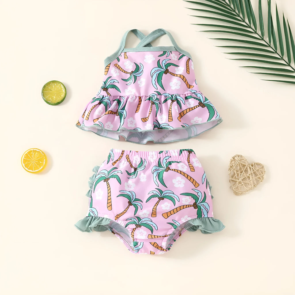 White children's two-piece swimsuit set with shirt and shorts for toddlers.