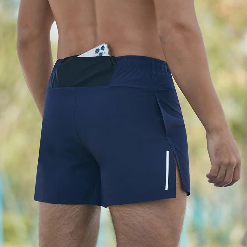 Men's black high-waist loose-fit off-road running shorts for marathon and cross-country.
