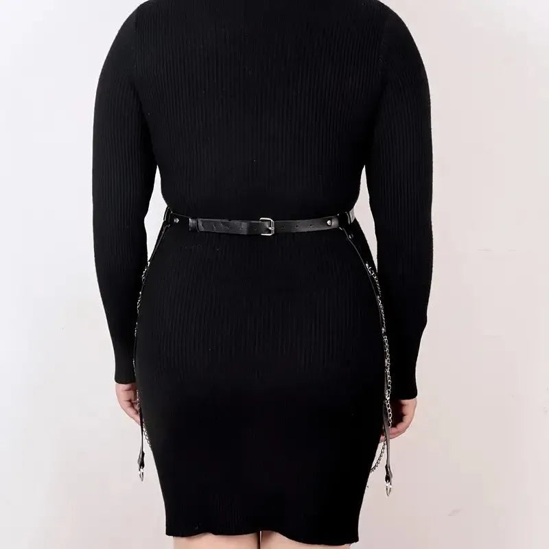 Black PU leather waist chain with bandage binding design for women