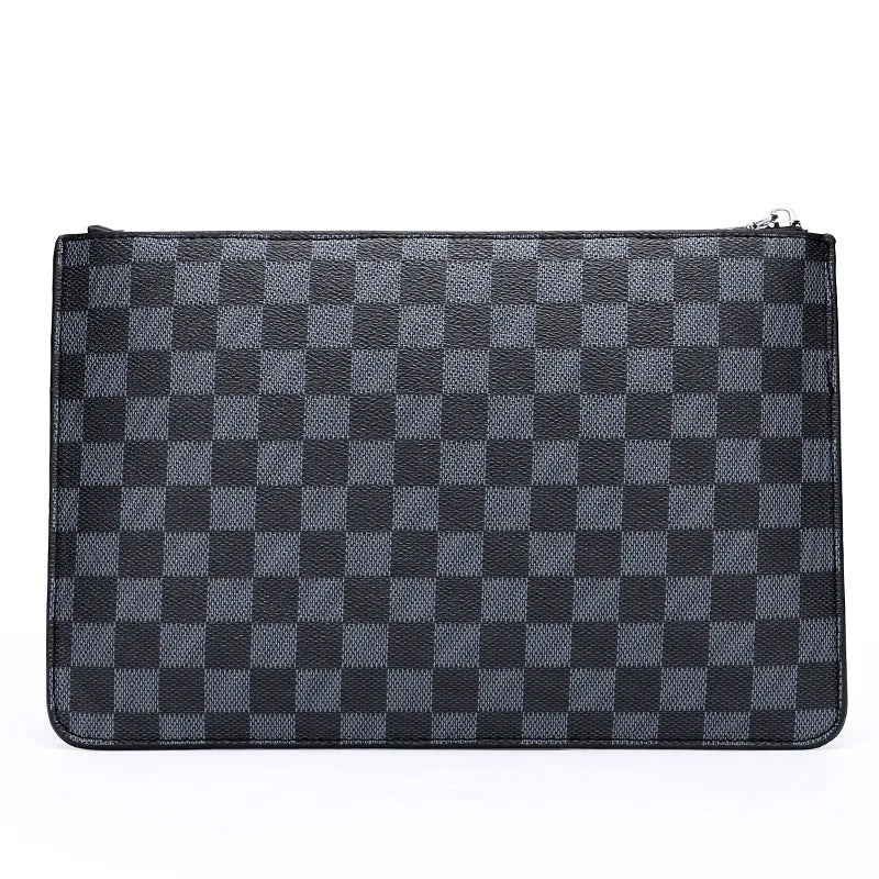 Men's soft black plaid PU leather clutch wallet open to show six card slots and a zipper pocket.