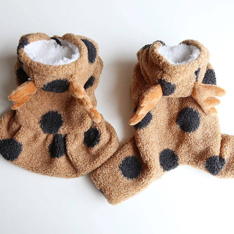 Polka dot pet dog clothes with elk couple design in skirt and four-leg styles on a mannequin.