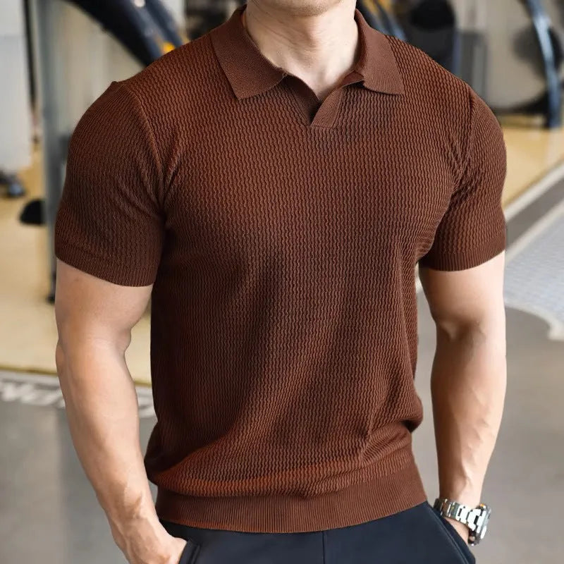 Men's slim fit button-down Henry collar sports polo shirt in solid colours