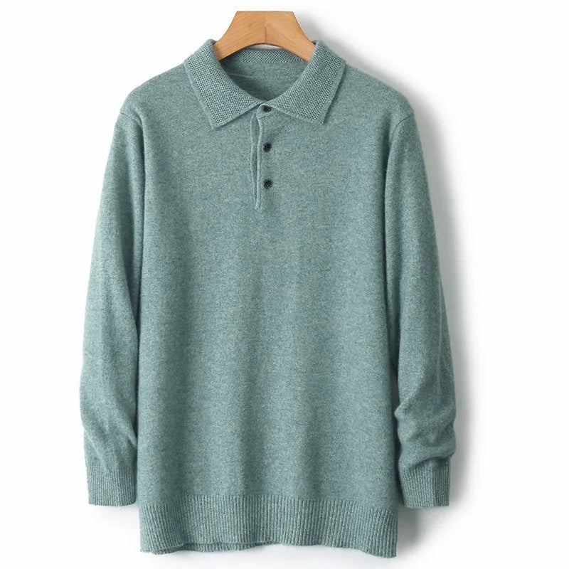 Men's wool pullover sweater with a polo collar in various colours on a size chart background.