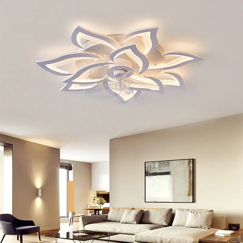 Modern white and black framed ceiling fan light with floral design blades and integrated acrylic light shade