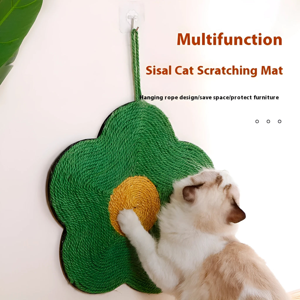Sisal cat scratching board in a choice of six colours including green flower, red flower, and dog patterns.