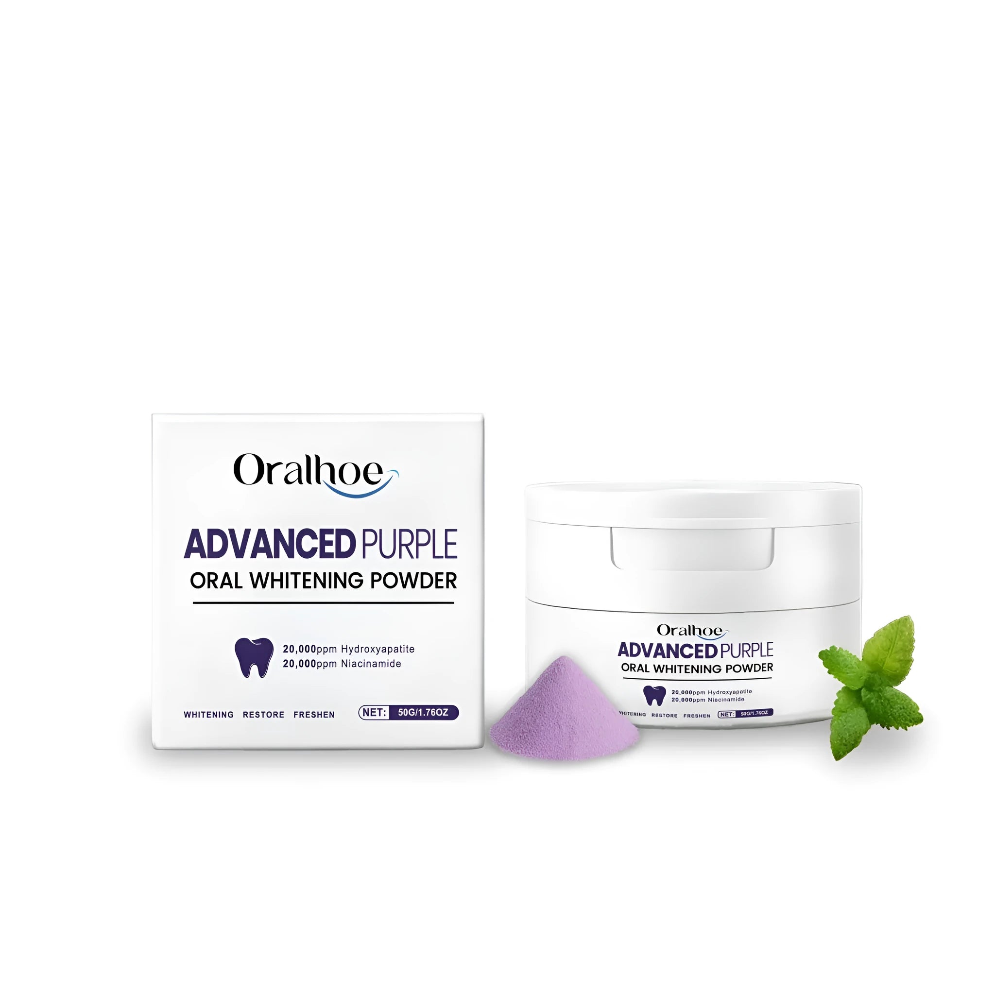 50g container of natural tooth powder with mint and lavender flavouring