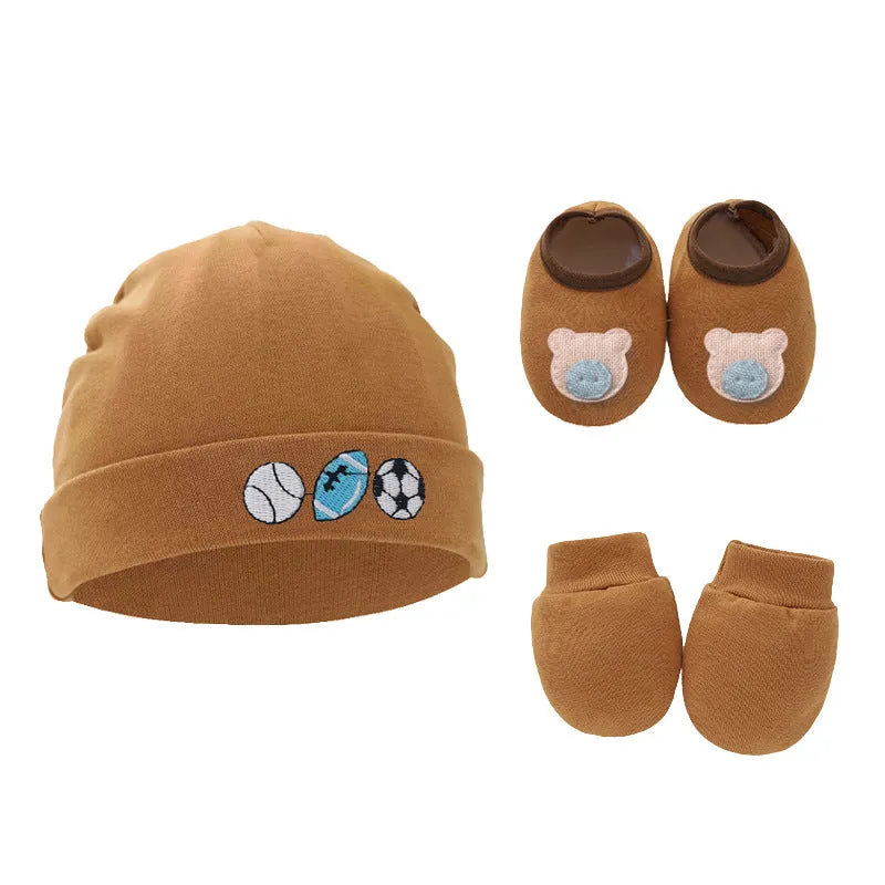 Baby cotton gloves and foot cover set with a pullover cap in multiple colour options