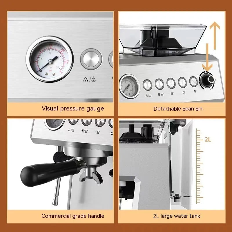 Italian fully automatic coffee machine silver gray with 20Bar pump, 2L water tank, and steam pitcher on countertop