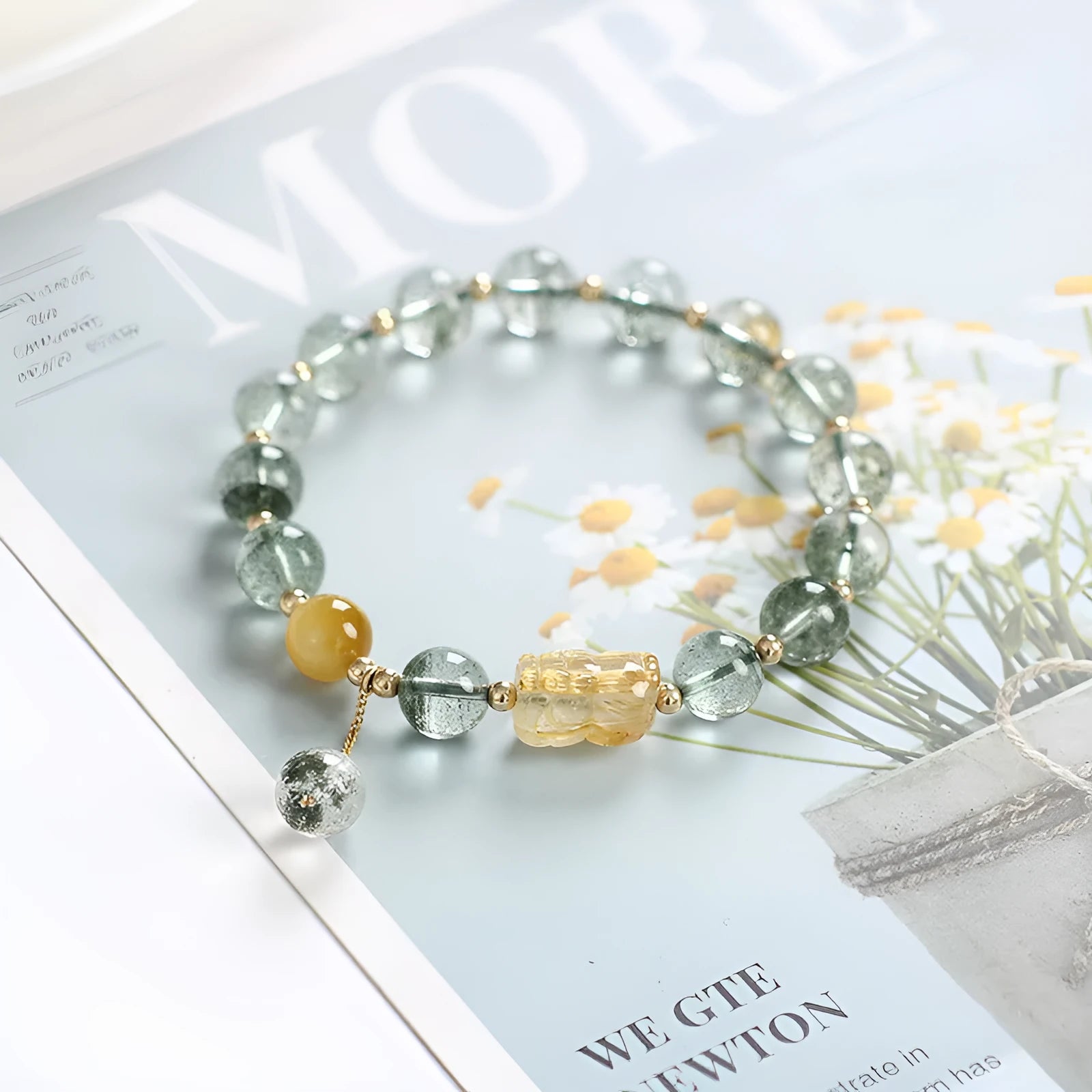 Green phantom quartz crystal bracelet with gold rutile needles and 8mm geometric beads
