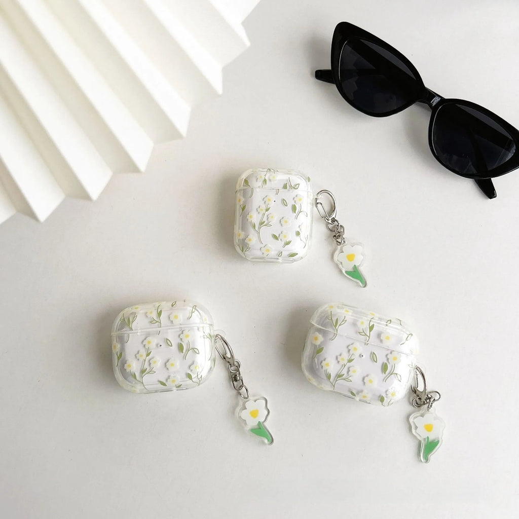 White floral patterned transparent TPU protective case for Apple AirPods headphones