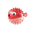 Yellow durable fish-shaped vinyl dog chew toy with textured surface and squeaker.