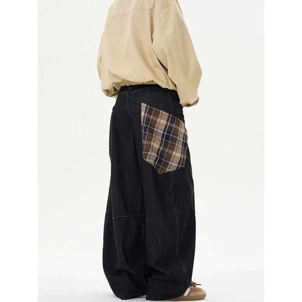 Loose straight-leg cotton trousers in coffee plaid and red plaid patterns showing mid-waist design