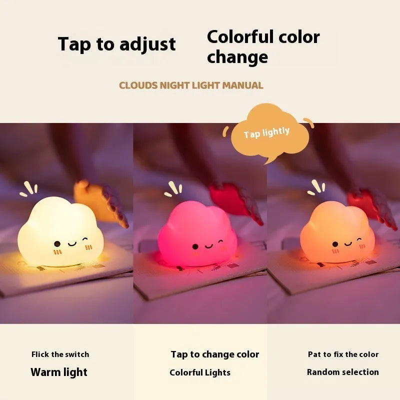 White cloud silicone rechargeable pat lamp bedside ambience light on nightstand with soft glow