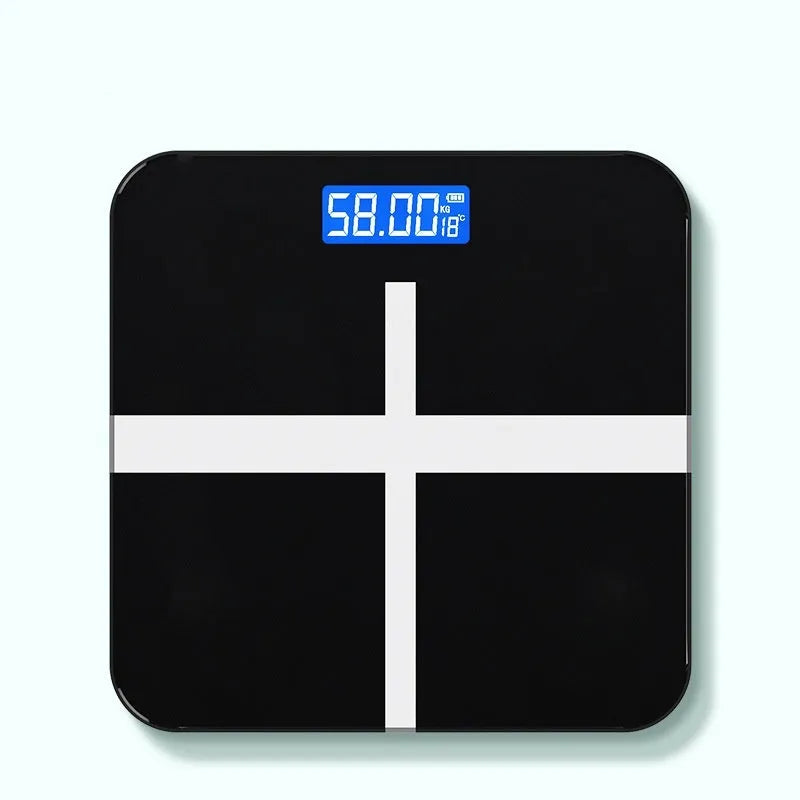 USB rechargeable electronic body scale with cross design in black, white, and rose red colour options