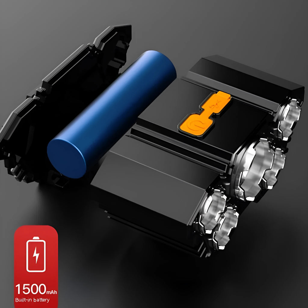 Super bright head-mounted LED miner's lamp flashlight with adjustable strap on a grey background.