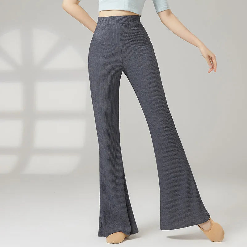 Female classical dance practice pants in polyester fabric showing five colour options including beige apricot and taro purple