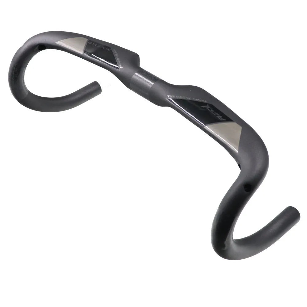 Wei Bike matt carbon fibre road bicycle drop handlebar shown from the side.