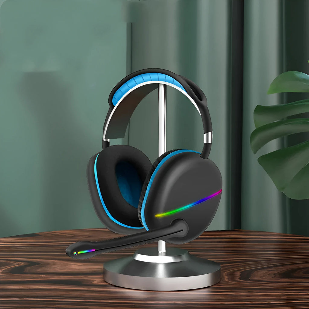 Blue wireless Bluetooth headset with glowing RGB lights on the earcups, showing over-ear design.