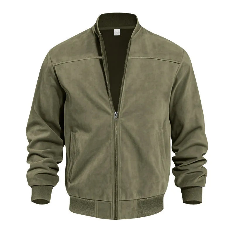 Men's army green suede casual jacket with a front zipper, shown on a model.
