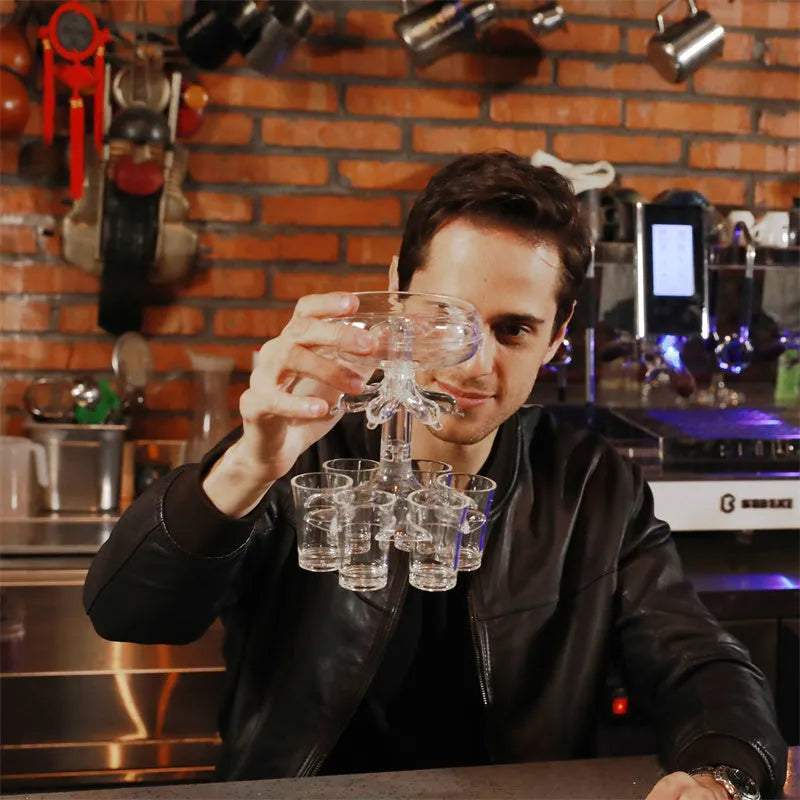 Clear PMMA 6-shot glass dispenser rack holding six shot glasses, a bar accessory for parties.